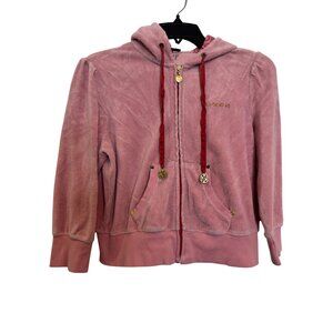 Vintage Bebe Pink Velour Womens Hoodie Jacket Size L Rhinestone Logo Zip-Up Red